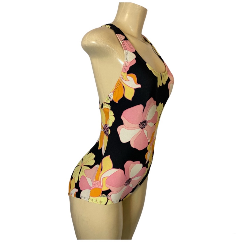 Speedo One Piece Swimsuit Racerback Black Floral Sz 8 Full Coverage UPF 50+ - Picture 5 of 10